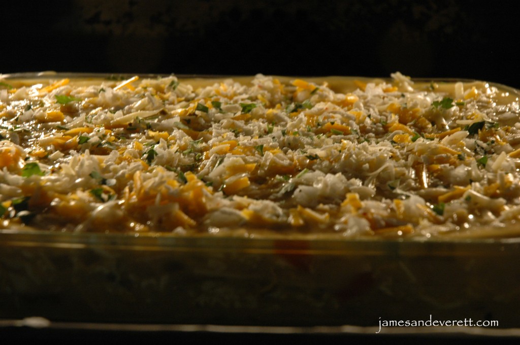 Stacked chicken and green chili enchiladas