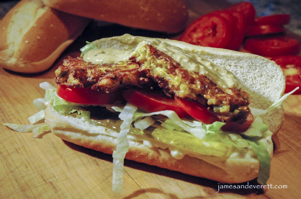 Squash fritter po' boy sandwich