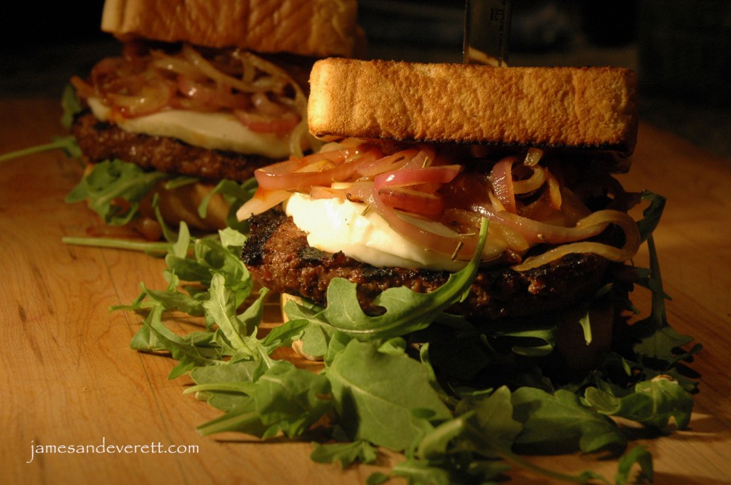 Square burger with sauteed onions