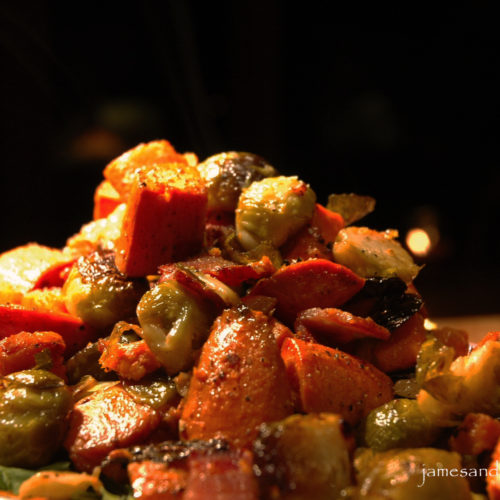 Brussels sprouts and yam hash with bacon