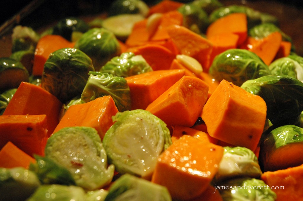 Roasted brussels sprouts with yams and bacon